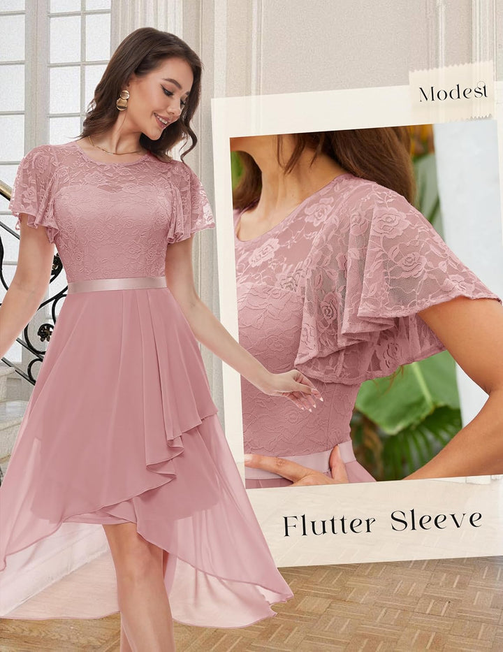 Wedtrend Abendkleid Damen Elegant für Hochzeit High Low Cocktailkleid Chiffonkleid mit Spitzen A Lin