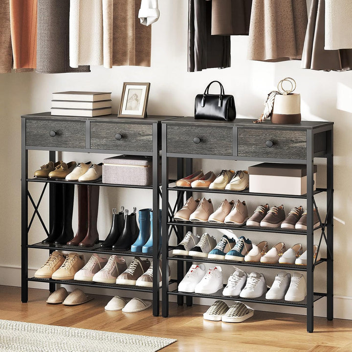 Schuhregal, Schuhablage mit 5 Ebenen, Schuhregal gross, Schuhständer mit 2 Stoffschubladen und 4 Git