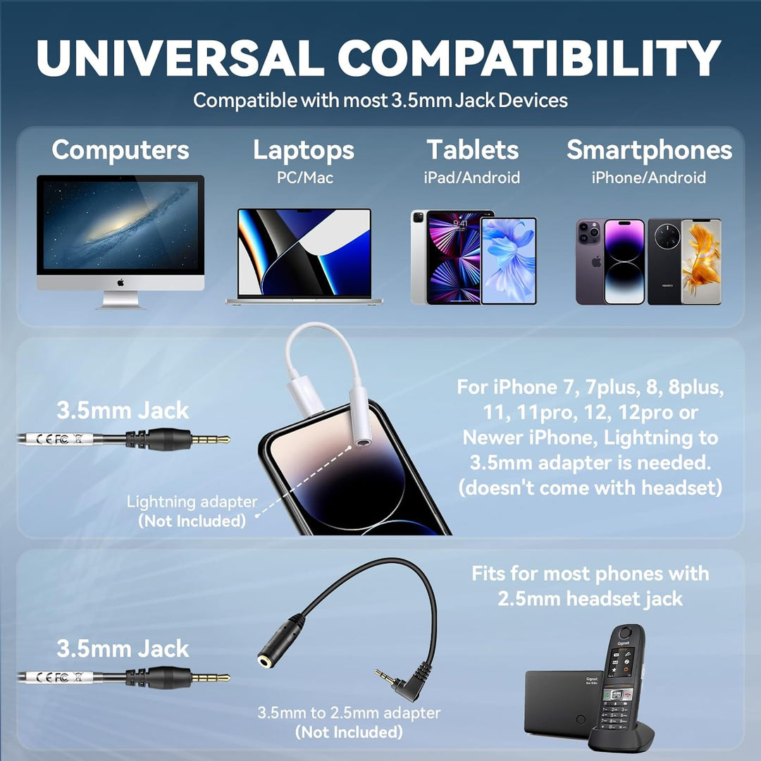 Wantek 3,5mm PC Headset mit Mikrofon Noise Cancelling, Telefon Headset, Kopfhörer Handy Klinke für L