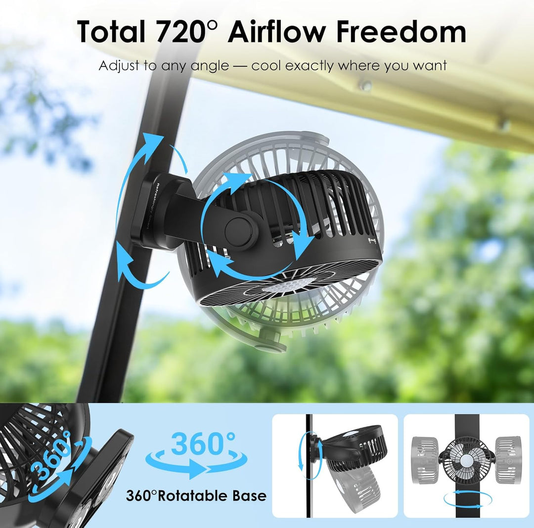 Minthouz 12000mAh Tragbarer Ventilator 5.5 Zoll, USB Ventilator, 3 Windstufen, 360° Drehbar, Max 30h