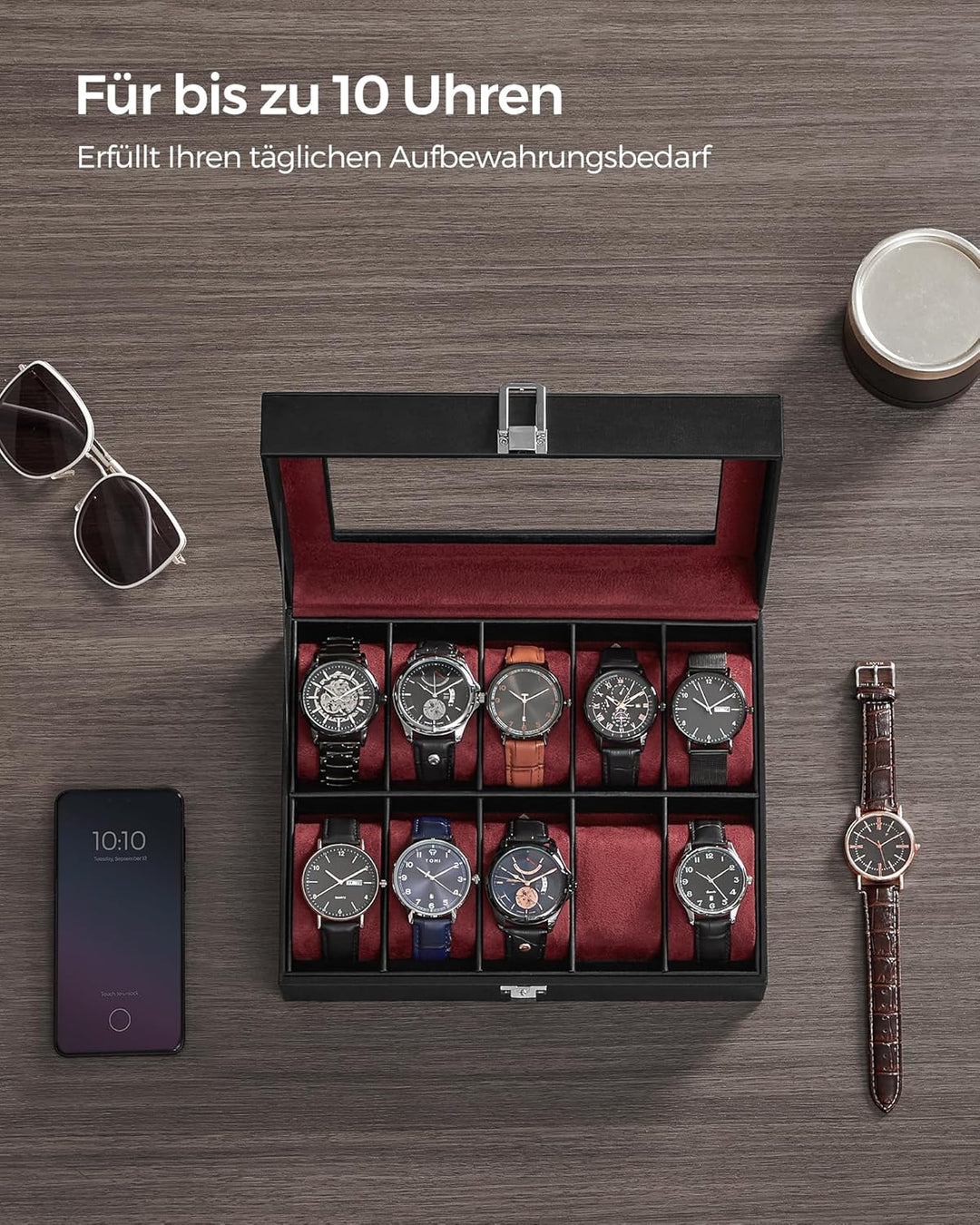 SONGMICS Uhrenbox mit 10 Fächern, Uhrenkasten, Glasdeckel, Uhrenkoffer, herausnehmbare Uhrenkissen,