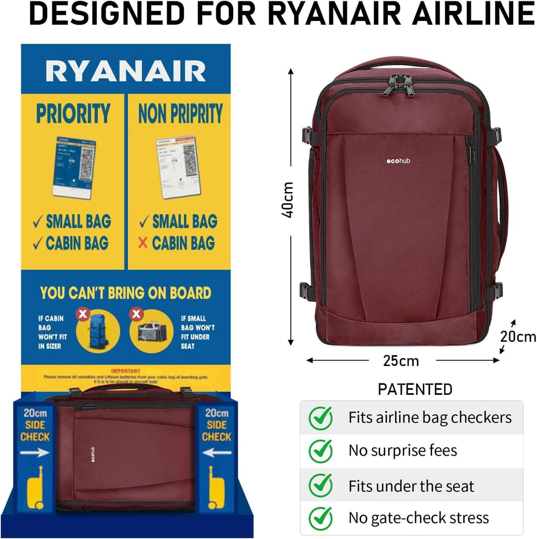 ECOHUB Rucksack 40x20x25 Ryanair Handgepäck 13 Taschen Reiserucksack Flugzeug Carry-ons Wasserdichte