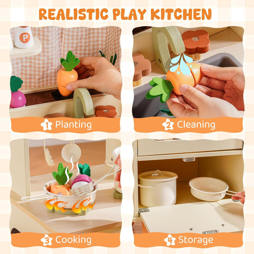 ROBUD Kinderküche aus Holz – Spielküche mit Kühlschrank, Eiswürfelspender, Backofen & Zubehör, Rolle