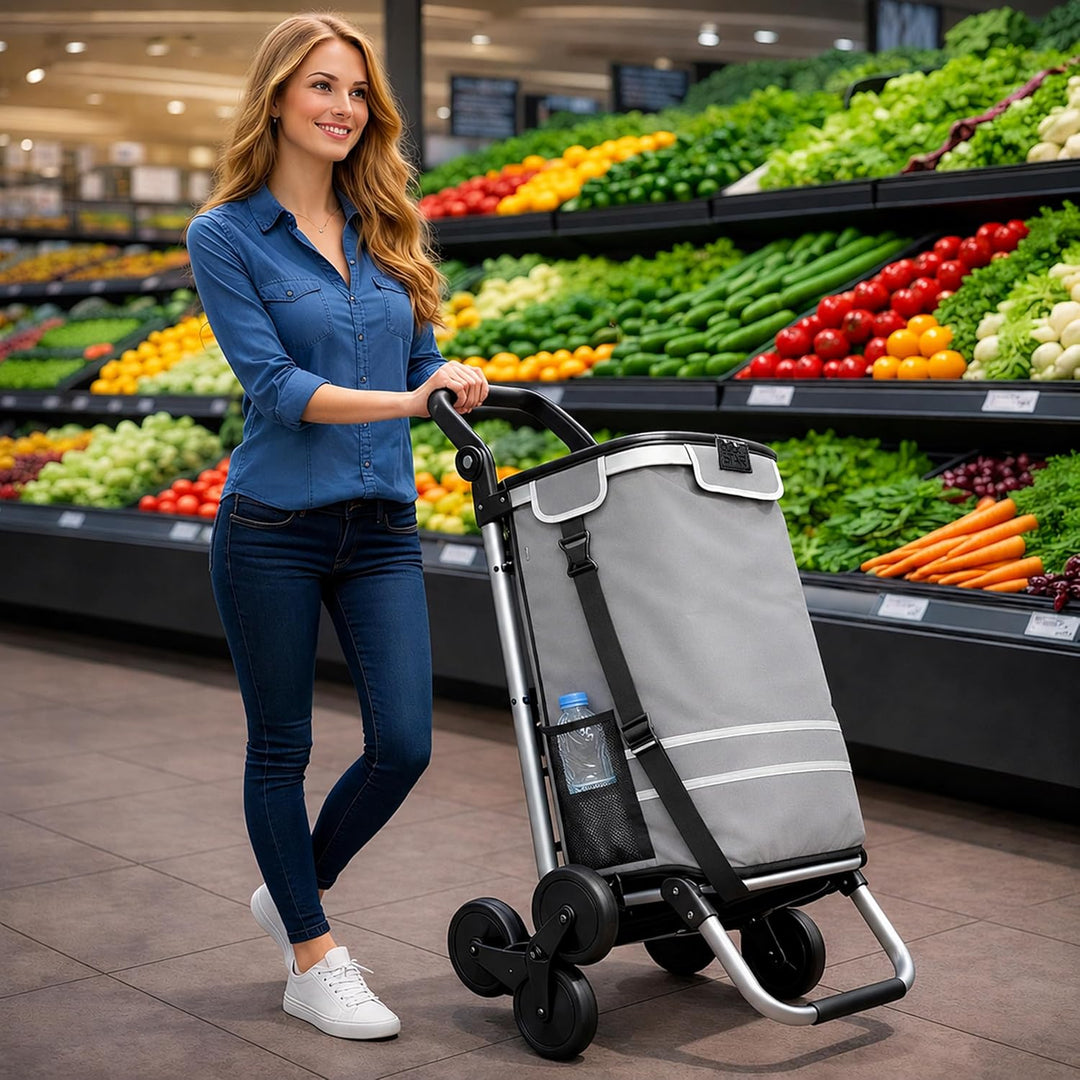 Faltbarer Aluminium Einkaufstrolley 57L (48L + 9L Kühlfach) Grau, 50kg Traglast, 35x45x98cm, Eva Tre