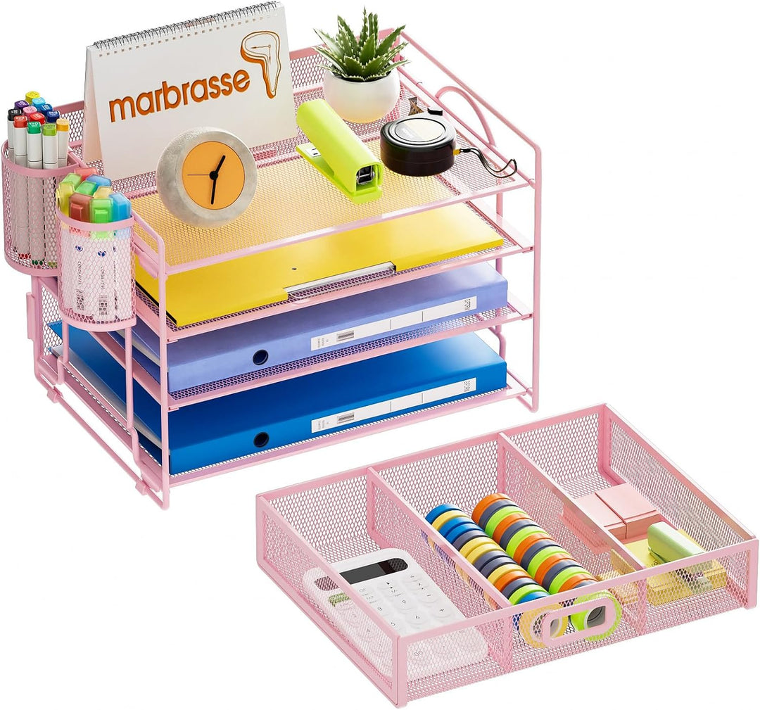 Marbrasse Schreibtisch Organizer Tablett,4 Ebenen Papier Briefablage Organizer mit Schublade und 2 S