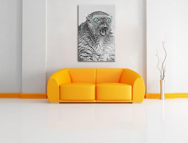 aufmerksamer seltener Blauaugenmaki schwarz/weiss Deluxe Format: 100x70 cm auf Leinwand, XXL riesige