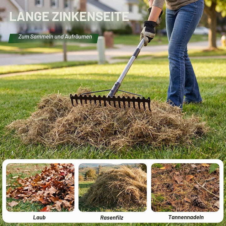Walensee Garten Rechen, 165cm Metall Rechen , Harke mit 17 Stahlzinken, mit Edelstahlgriff, zum Lock