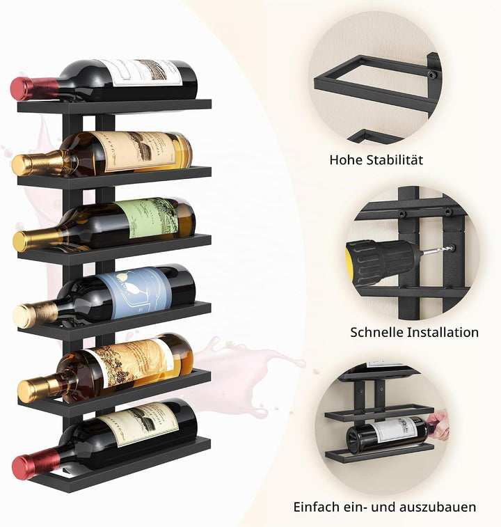 FAVOOSTY Weinregal Wand, Flaschenhalter, Flaschenregal mit 6 Ebenen, Metall Weinregal Hängend Weinfl
