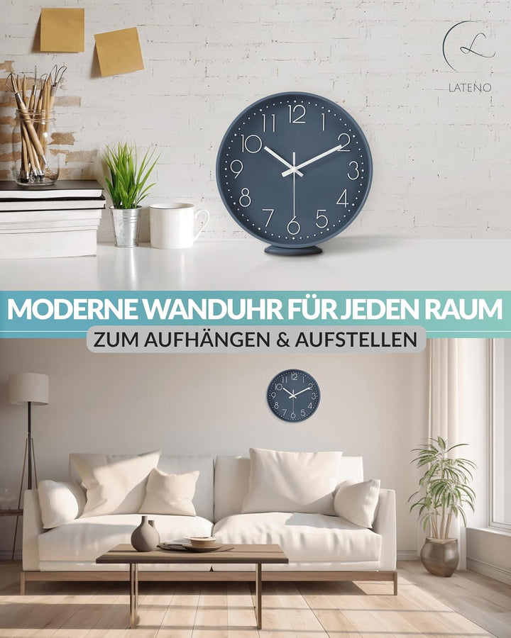 LATENO - Wanduhr ohne Tickgeräusche - Wanduhr Blau - Analoge Wanduhr 30 cm zum Aufhängen & Hinstelle