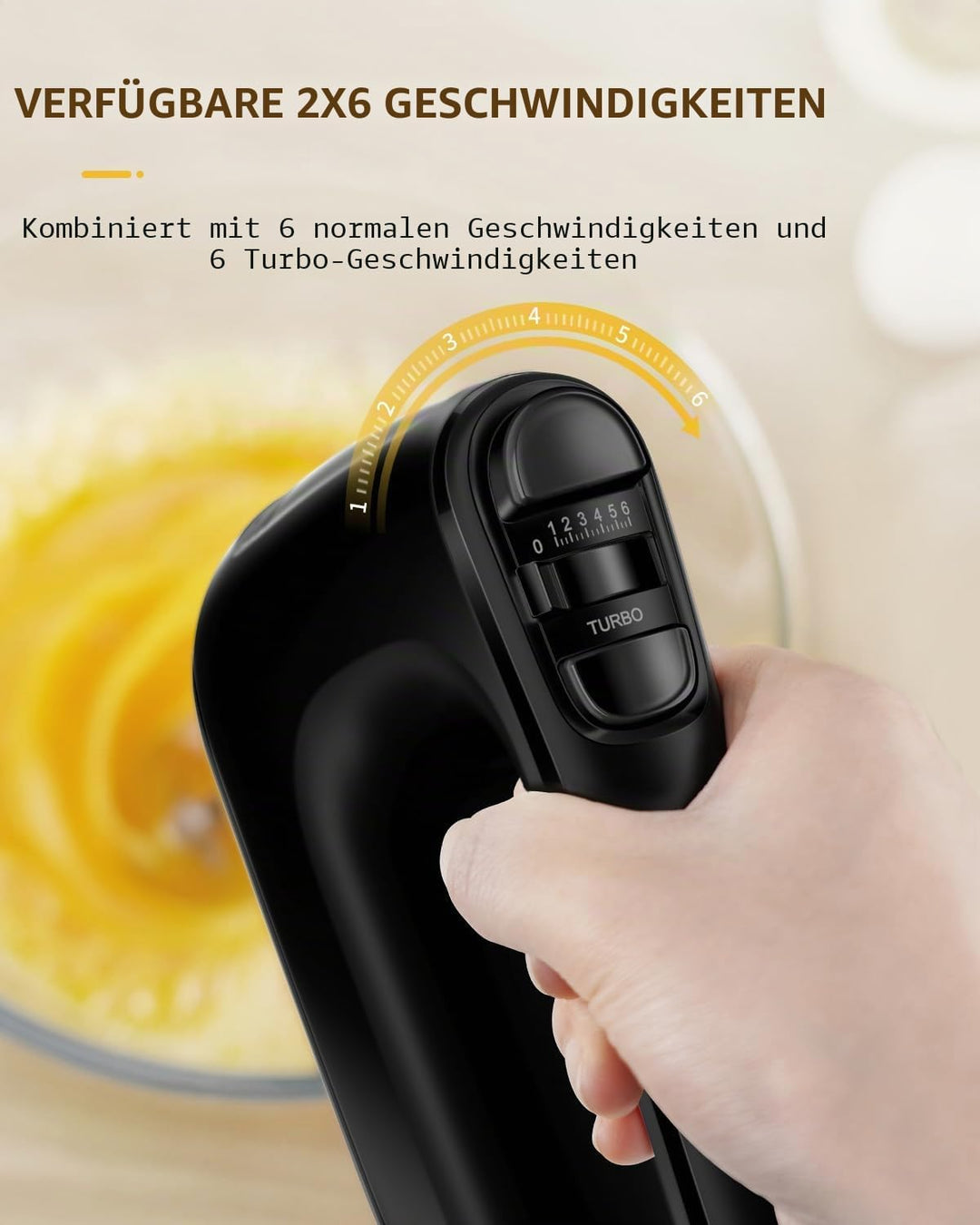 Handmixer Elektrisch Handrührgerät 6 Stufen Plus Turbo Kein Spritzen Mixer Handrührer mit Aufbewahru