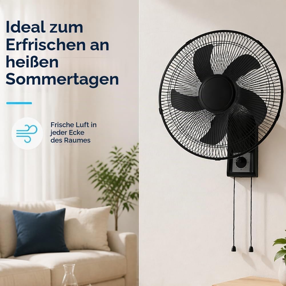 BAKAJI Wandventilator mit Gitter von 43 cm, 3 wählbare Geschwindigkeitsstufen, 5 Flügel, 65 Watt Lei