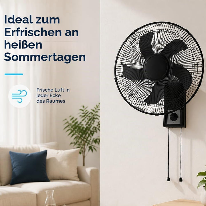 BAKAJI Wandventilator mit Gitter von 43 cm, 3 wählbare Geschwindigkeitsstufen, 5 Flügel, 65 Watt Lei
