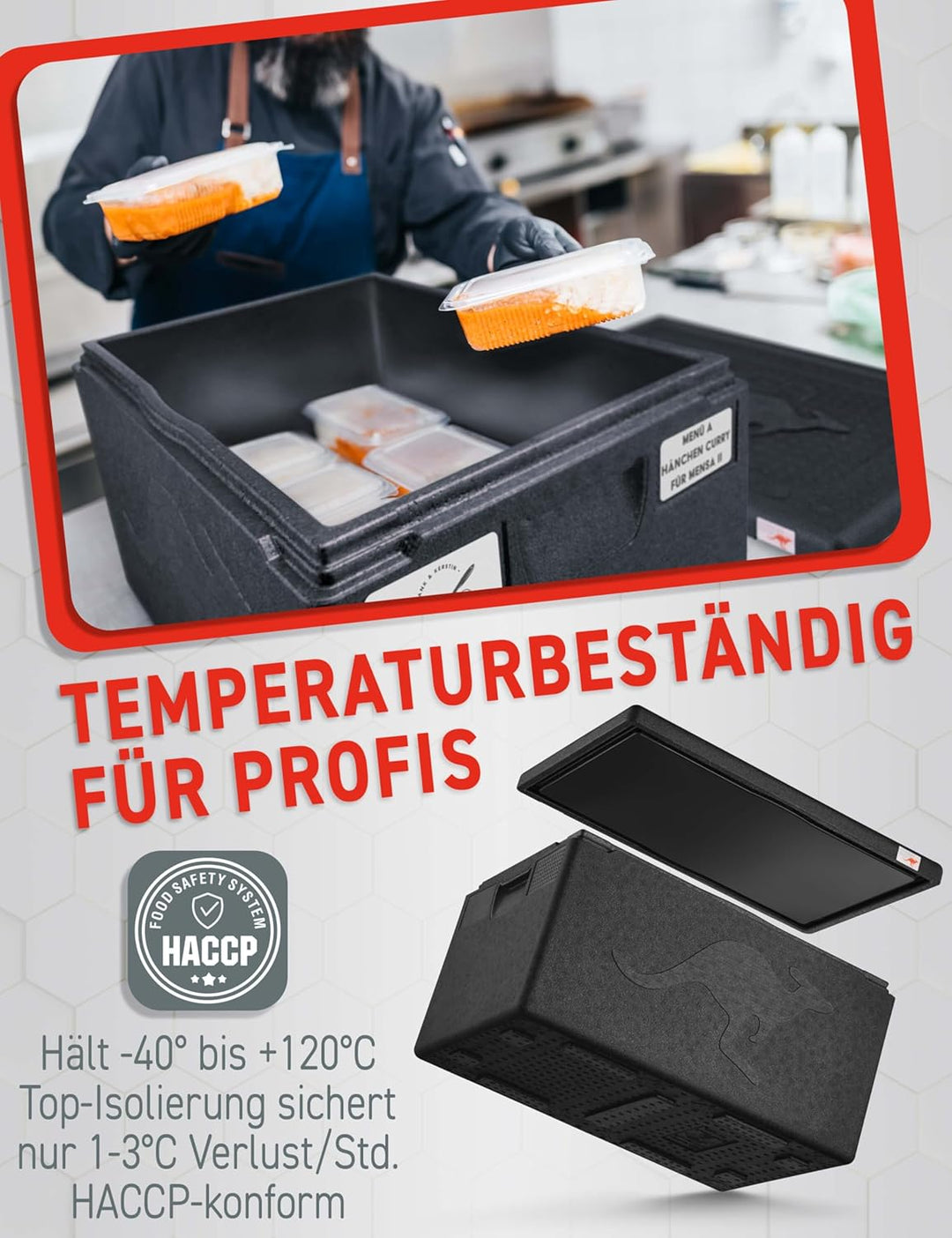 KÄNGABOX® Professional Thermobox & Kühlbox GN 1/1 48L Standardgriff – Patentierte Glatte Innenfläche