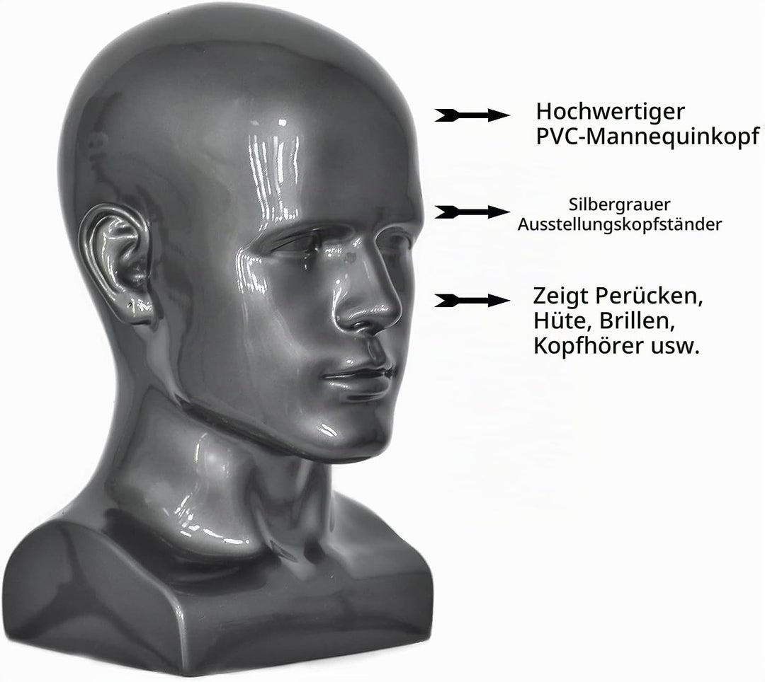 Tcwuzick PVC Schaufensterpuppe Kopf Schwarz Männlich Manikin Dummy Stand Modell Display Hut Schal Pe