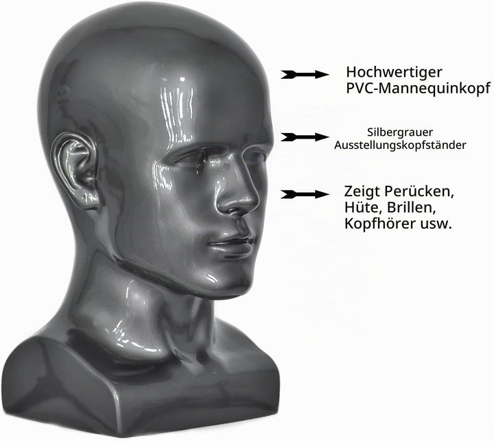 Tcwuzick PVC Schaufensterpuppe Kopf Schwarz Männlich Manikin Dummy Stand Modell Display Hut Schal Pe