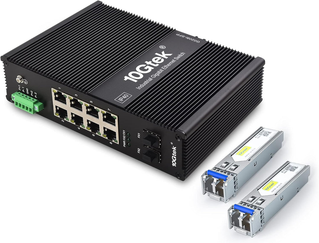 10Gtek Industrial IP40, 10-Port Gigabit Ethernet Switch (w/20-km SFP transceiver), G0208i, DIN-Rail
