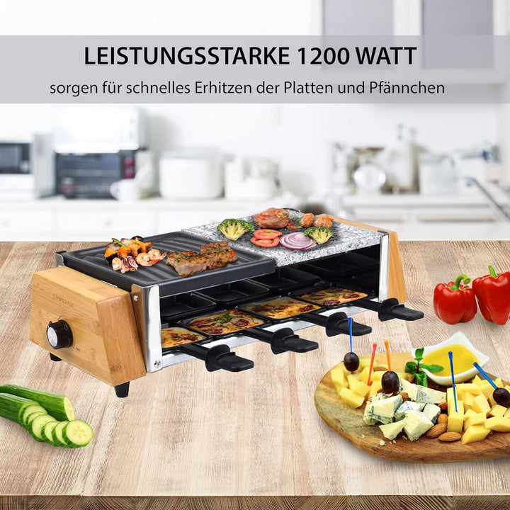 Syntrox Germany RAC-1200W-Murten Raclette im Holz Design mit geteilten Platten Heisser Stein & Grill
