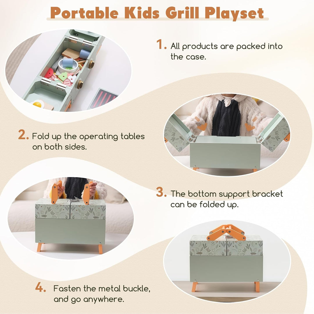 Grillset Kinderküche Spielküche Zubehör Holz, Faltbare Küchenspielzeug ab 3 Jahre, Lebensmittel Spie