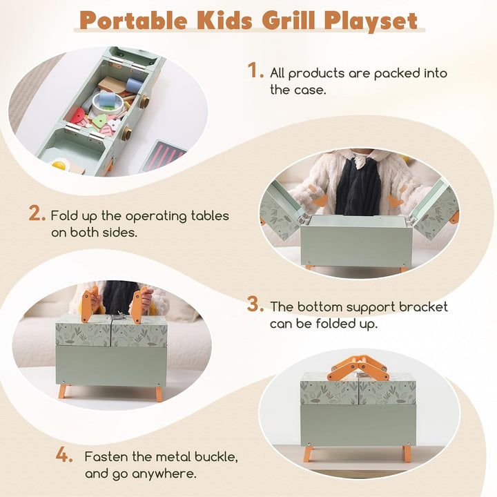 Grillset Kinderküche Spielküche Zubehör Holz, Faltbare Küchenspielzeug ab 3 Jahre, Lebensmittel Spie