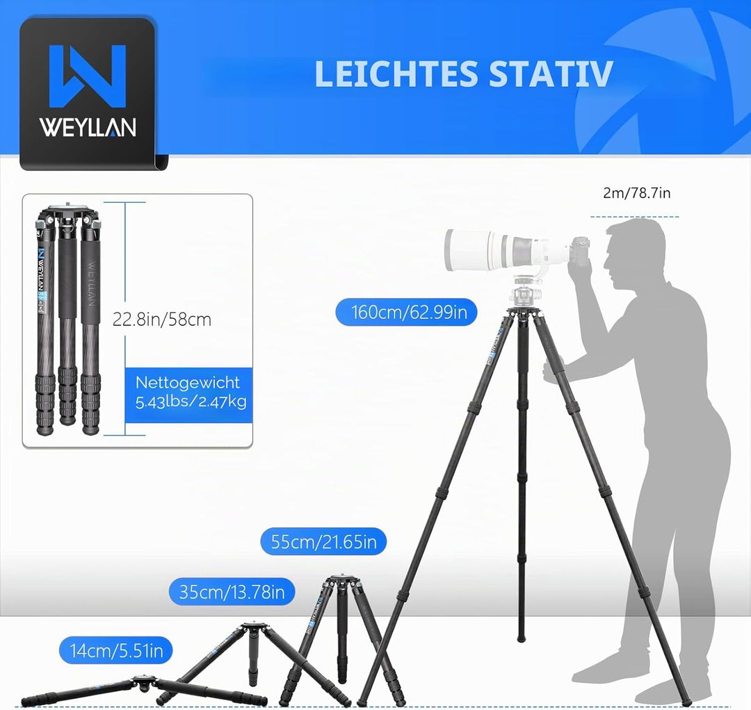 WEYLLAN Carbon Fiber Stativ 160cm, Tripod Carbon Fiber, Reisestativ aus Kohlefaser, Kamera Stativ Mi