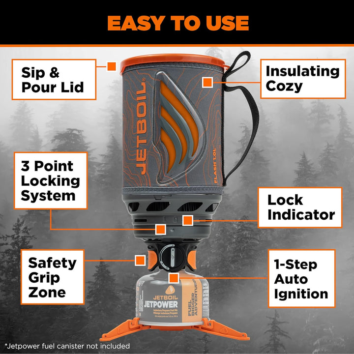 Jetboil Flash 1.0L Tragbarer Schnellkochkocher mit Windschutz für Camping und Rucksackreisen, 1-stuf