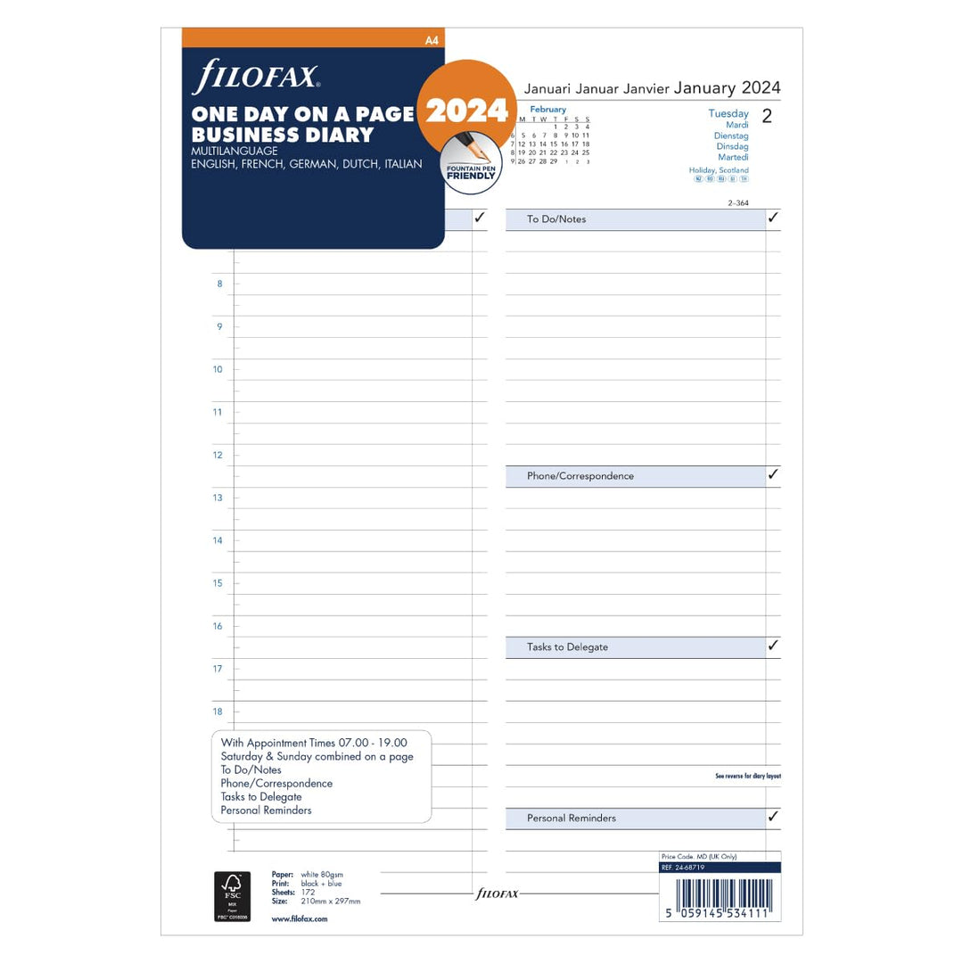 Filofax A4 Tag pro Seite 5 Sprachen Terminplaner – 2024