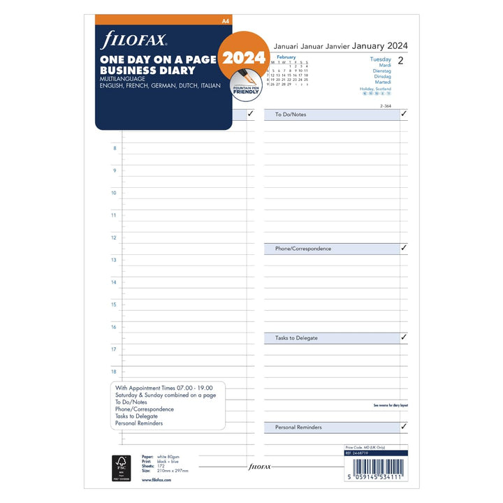 Filofax A4 Tag pro Seite 5 Sprachen Terminplaner – 2024