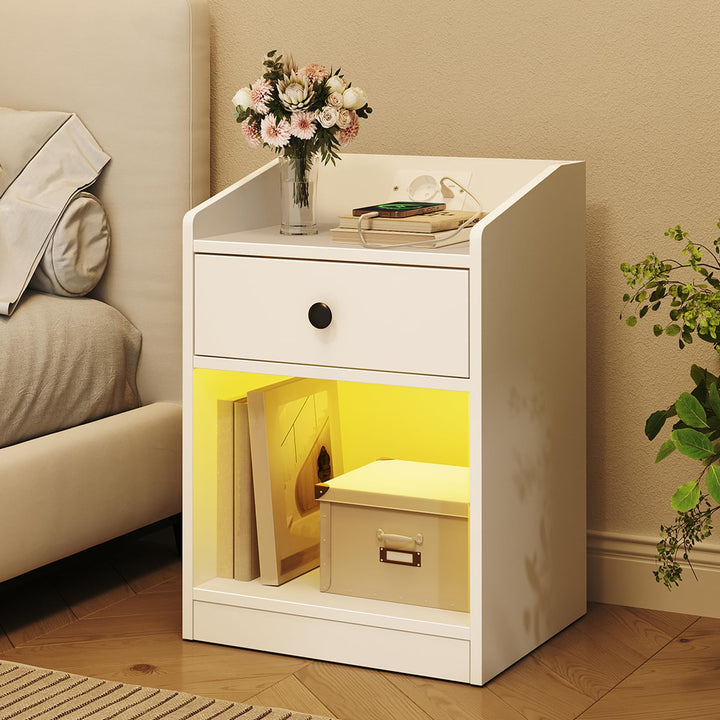 HOOBRO Nachttisch mit Ladestation und LED-Beleuchtung, schmaler Beistelltisch mit Schublade, moderne