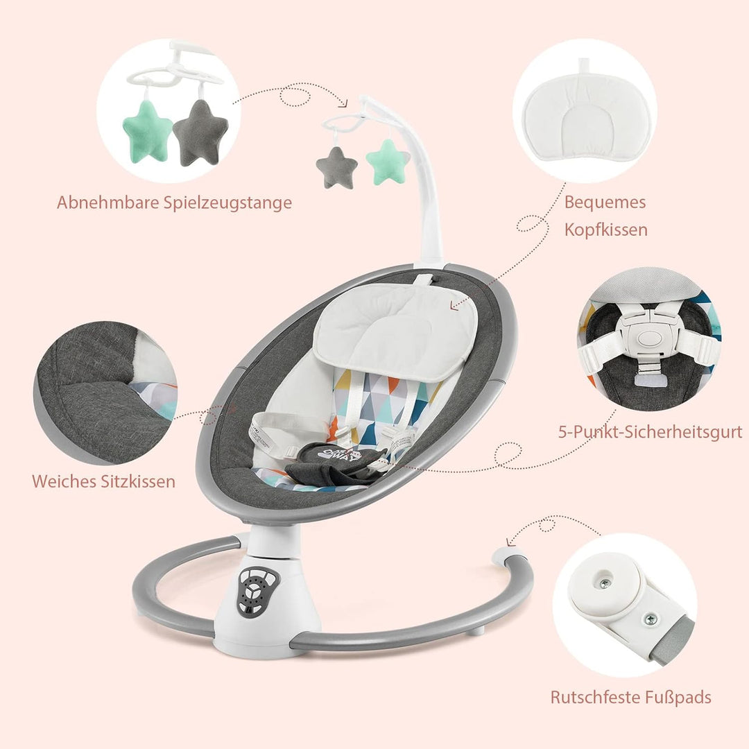 COSTWAY Elektrische Babywippe, Babyschaukel mit 5 Schaukelstufen, 3-Stufen-Timer-Funktion, 5-Punkt-S