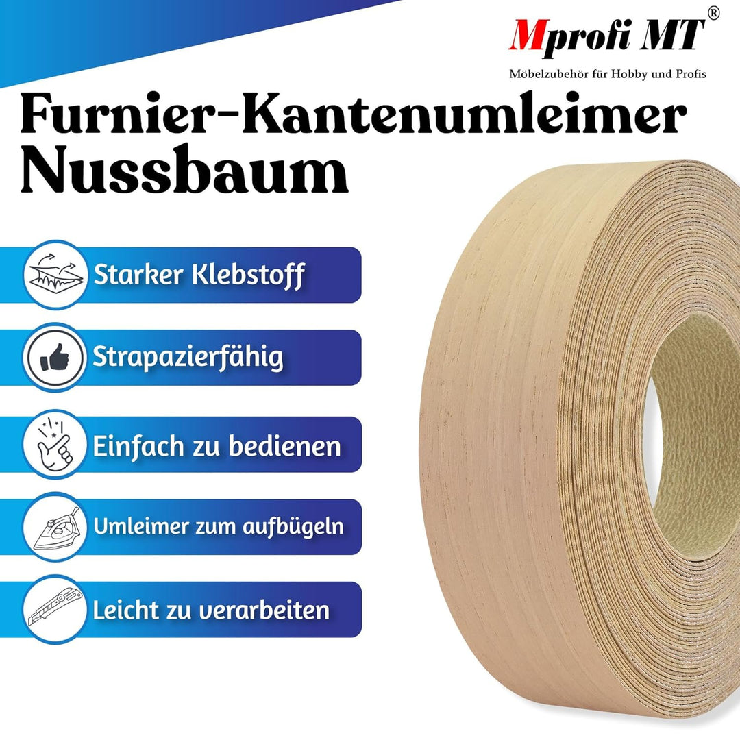 Mprofi MT® Kantenumleimer Nussbaum | 60 mm x 5 m | Echtholz Furnier Kantenband | Bügelkantenumleimer