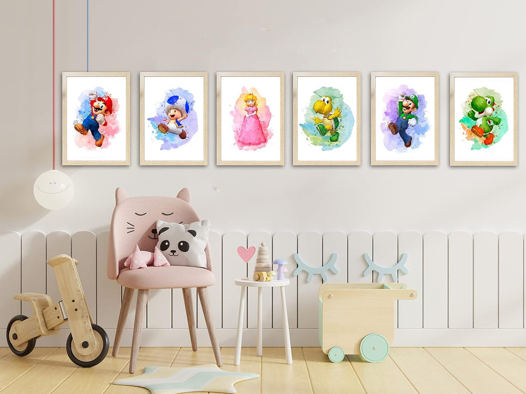 Super Mario Game Aquarell-Poster – Set mit 6 (20,3 x 25,4 cm) – Super Mario Wandkunst Spielzimmer-De