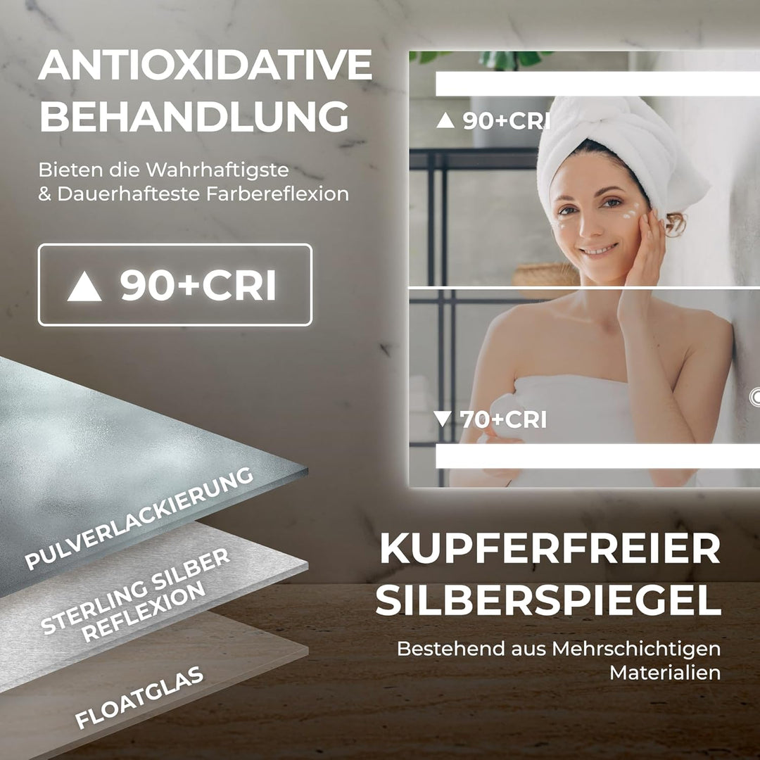 BR Bringer LED Badspiegel - 100x60 cm - Badezimmerspiegel mit Beleuchtung und Anti-Beschlag Funktion