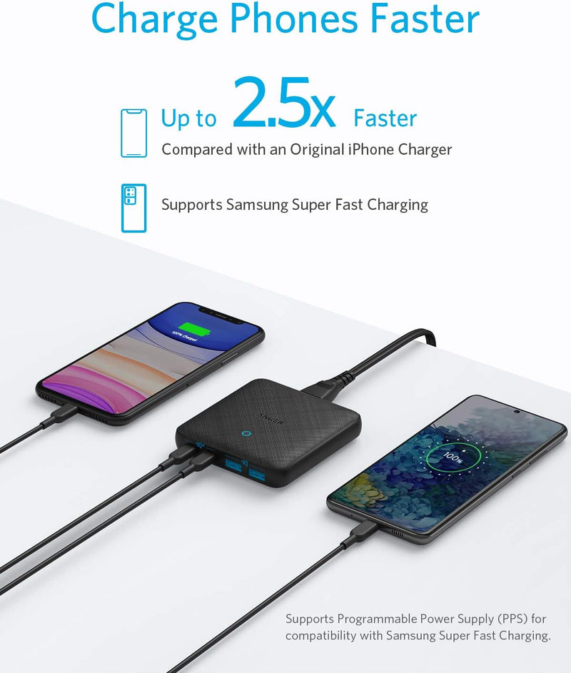 Anker USB-C Ladegerät, 543 (65W II) PIQ 3.0 & GaN 4-Port Netzteil, Dünnes Design, Zwei USB-C Anschlü