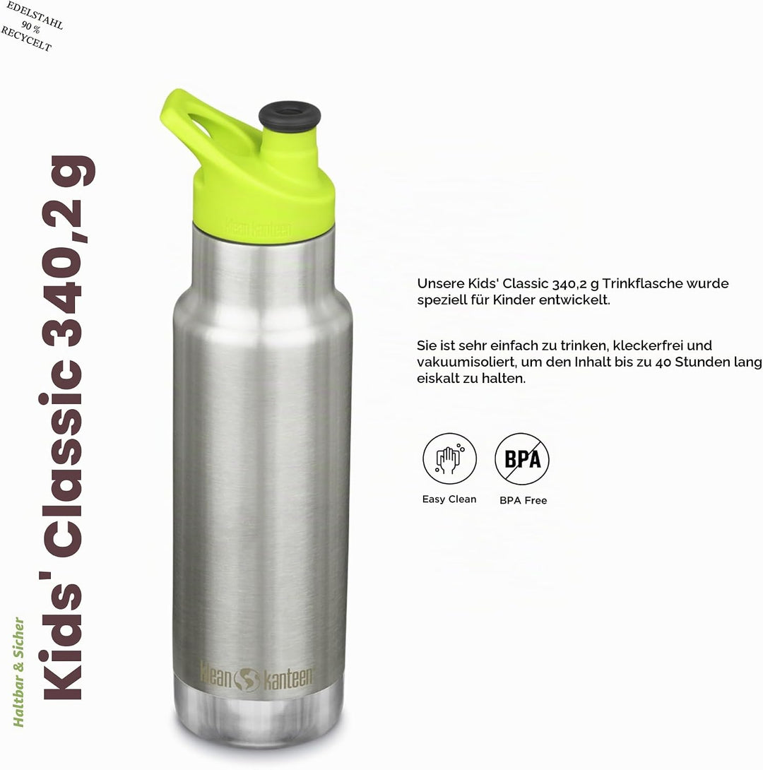 Klean Kanteen Unisex – Erwachsene Classic Sport Flasche 355 ml Single Brushed Stainless, 355 ml Sing