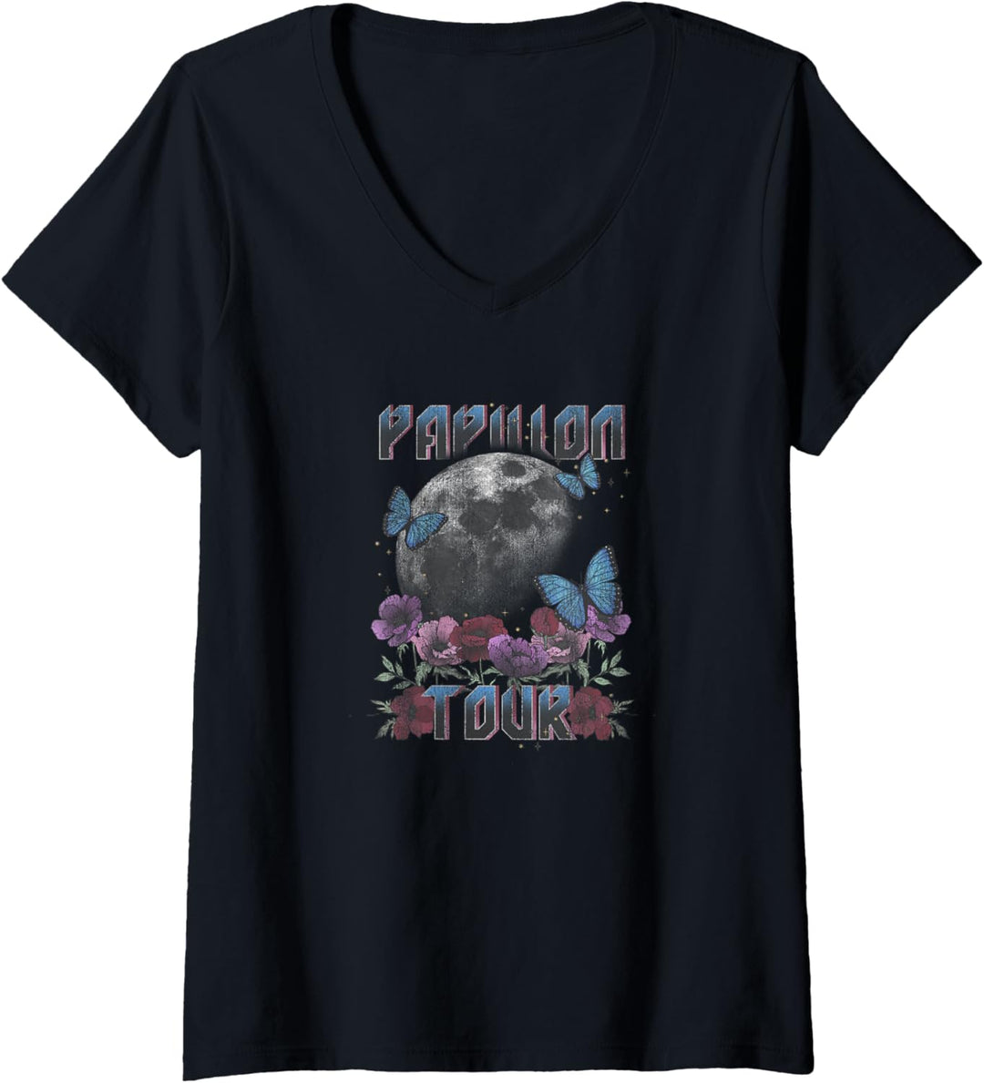Damen Papillon Tour Butterflies & Moon T-Shirt mit V-Ausschnitt