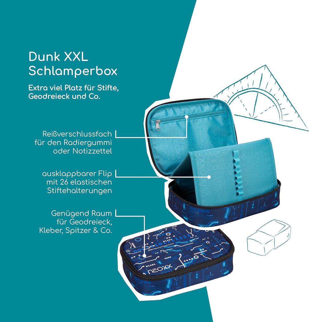neoxx - Schlamperbox Dunk Next Level – Platz für EIN Geodreieck – Stifte Flap mit 26 Stifteschlaufen