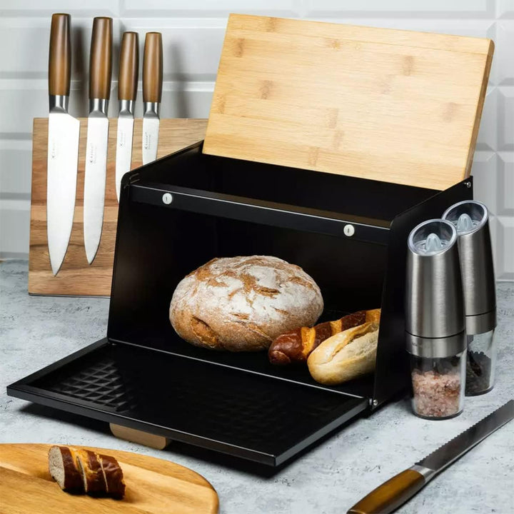 Klausberg Brotbox Brotkasten Brotkiste Holz Edelstahl Brotkorb (Black) Schwarz, Schwarz