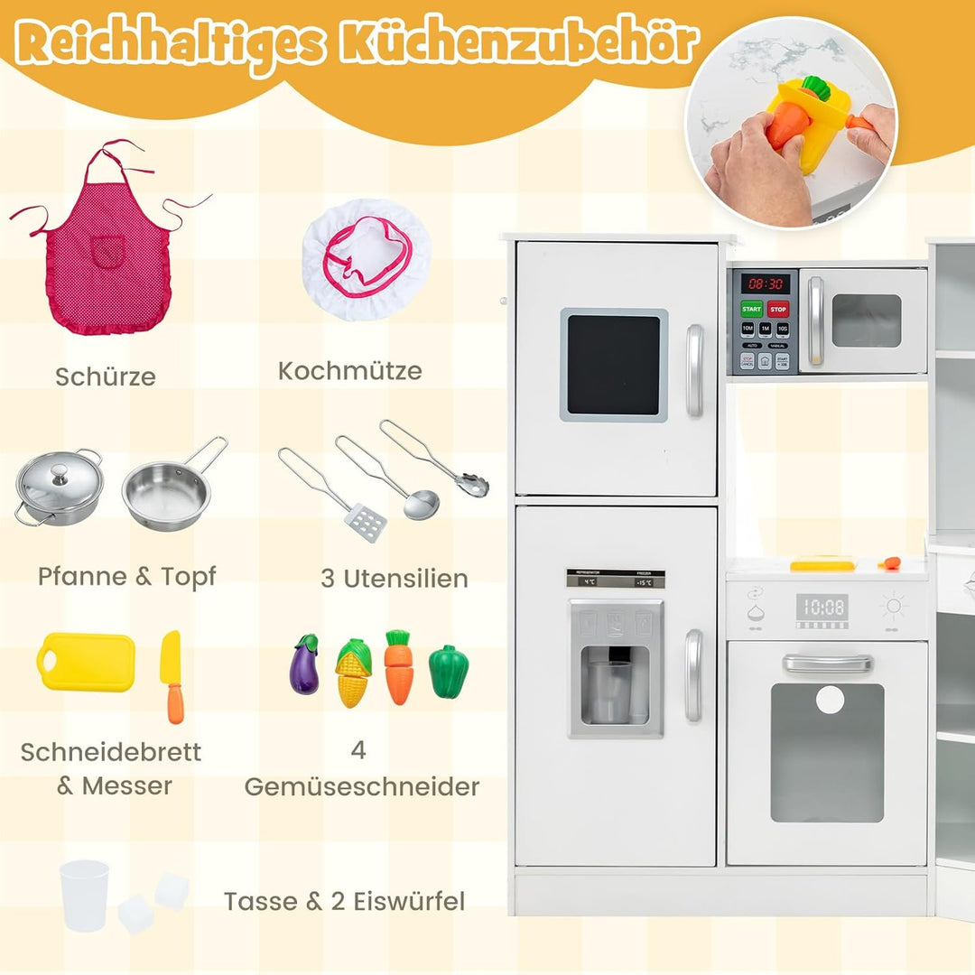 COSTWAY Kinderküche Holz, Spielküche Eck mit Licht und Sound, Holzküche mit Tafel &amp; Spüle &amp; Ofen, in