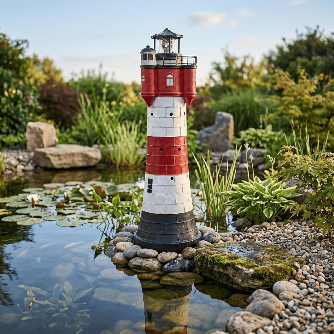 Solar Leuchtturm Roter Sand Höhe 78cm aus Polyresin mit einer weissen LED 2325