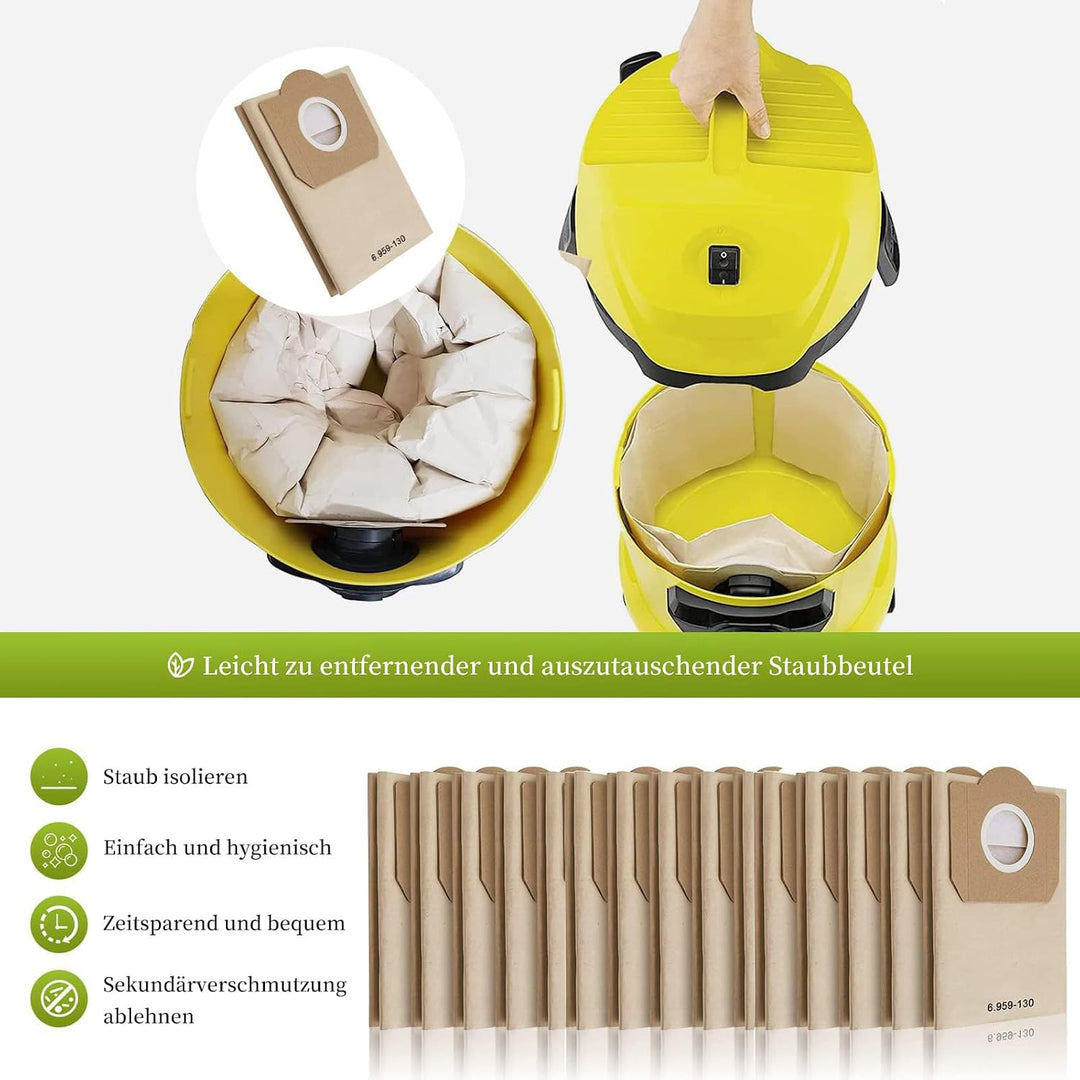 15 Stück Papierfilterbeutel für Kärcher 6.959-130.0, WD3 Staubsaugerbeutel