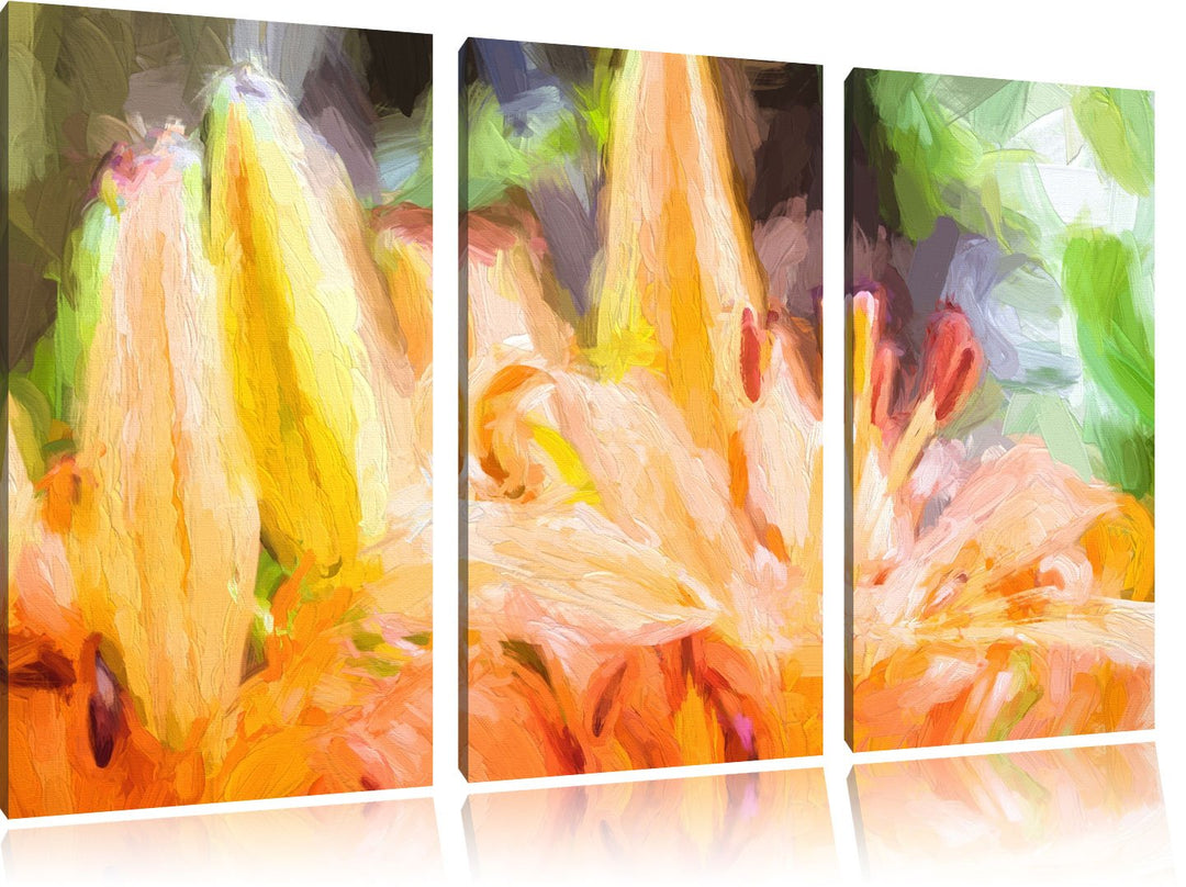 Pixxprint schöne orangene Lilien Kunst als Leinwandbild/Grösse: 3 Teilig (120x80 cm) cm/Wandbild/Kun
