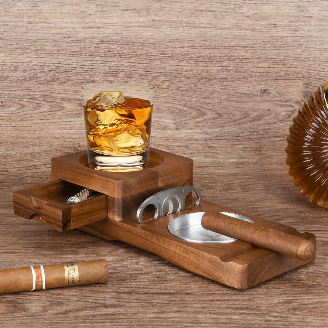Scotte Zigarrenaschenbecher Untersetzer Whiskeyglas-Tablett & Holzaschenbecher mit Zigarrenschneider