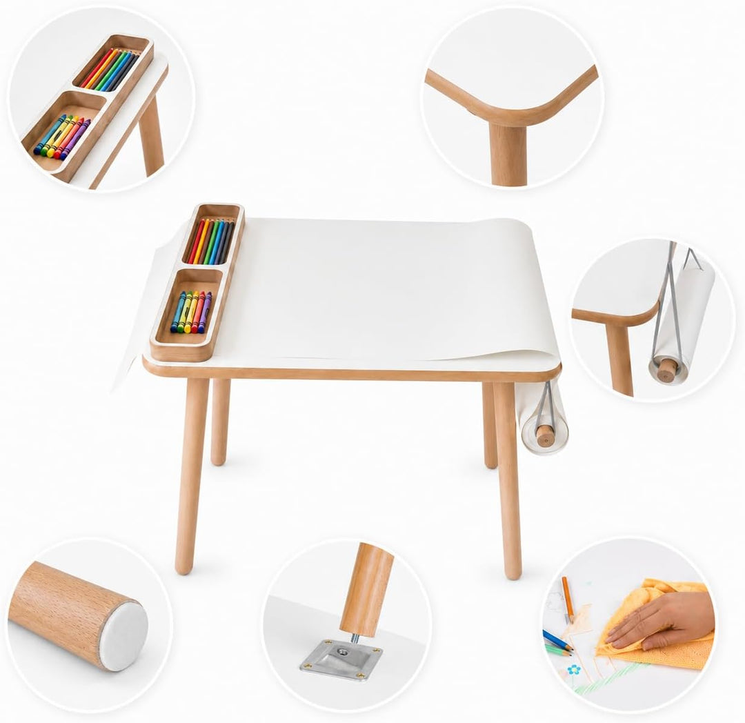Kindertisch 50x 60x 47cm mit Papierrolle und Organizer– Holztisch für Kinderzimmer | Kinder Tisch, L
