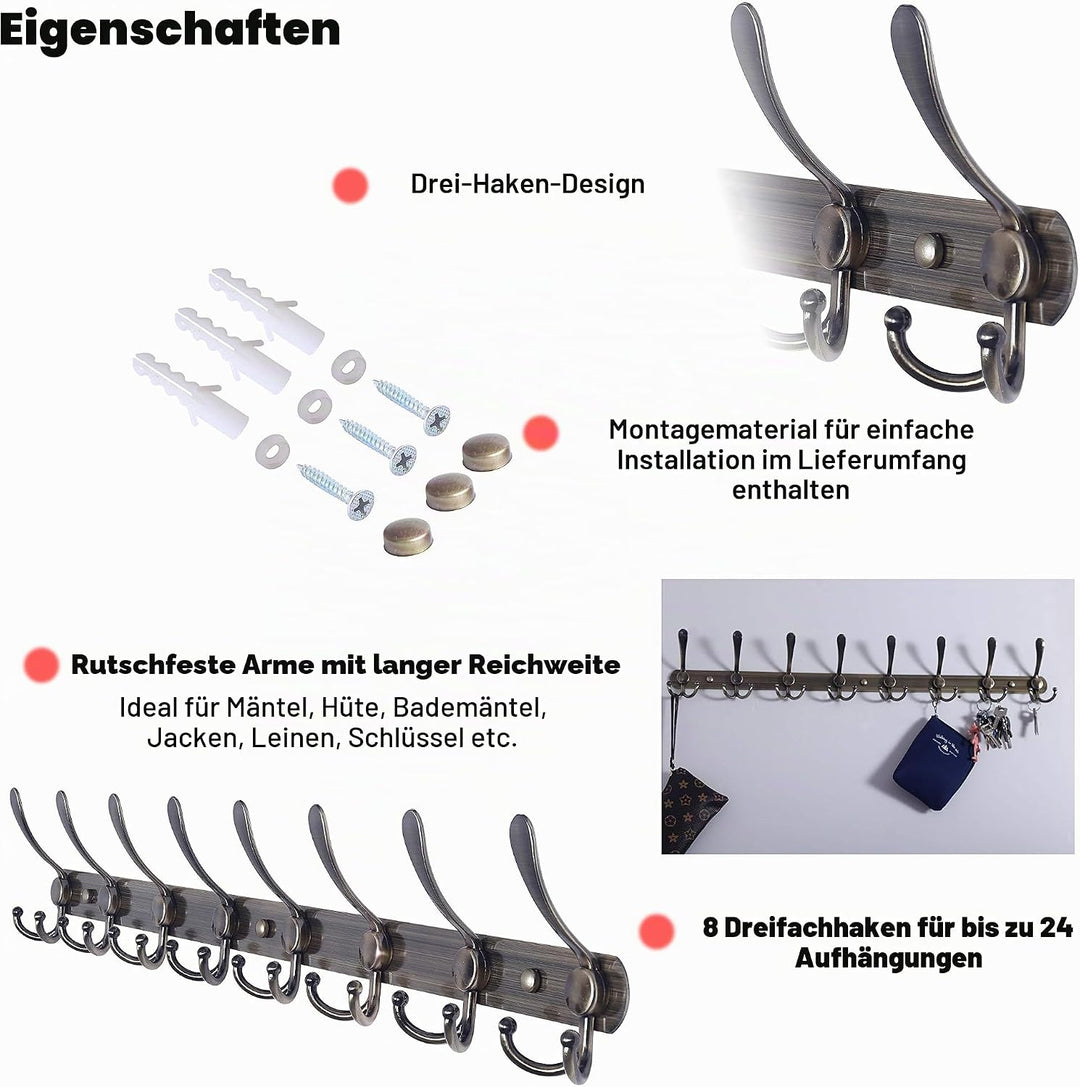 Dseap Garderobenleiste mit 8 haken, schwerlast 74cm Lang garderobenhaken, edelstahl wandgarderobe, k