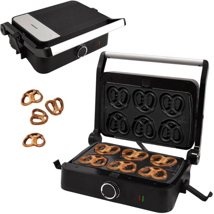 Syntrox Mini Brezel Kombigerät Multifunktionsmaker mit Wechselplatten, Kontaktgrill Edelstahl, Multi