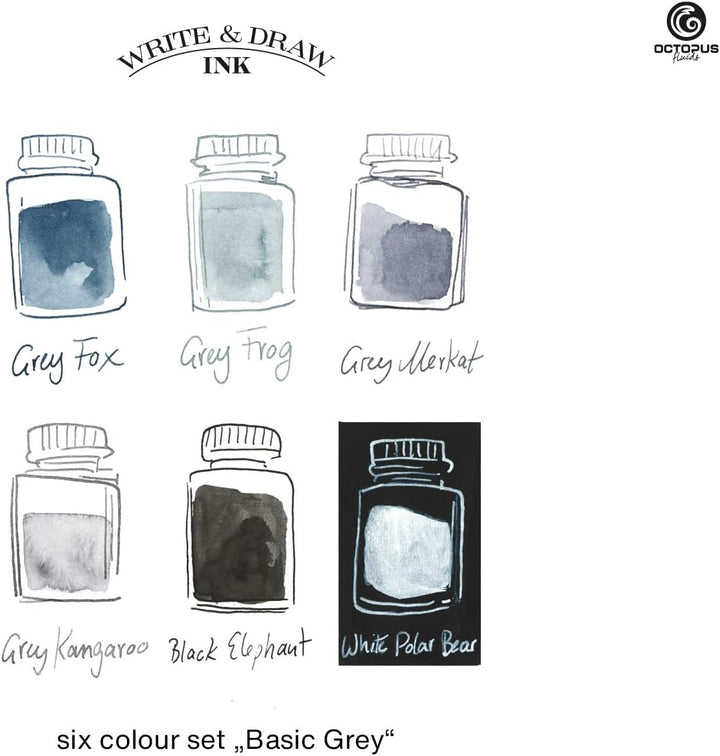 Octopus Write & Draw Ink BASIC GREY Tintenset, wasserfest, 6 x 50 ml | Sechs intensive Zeichentusche