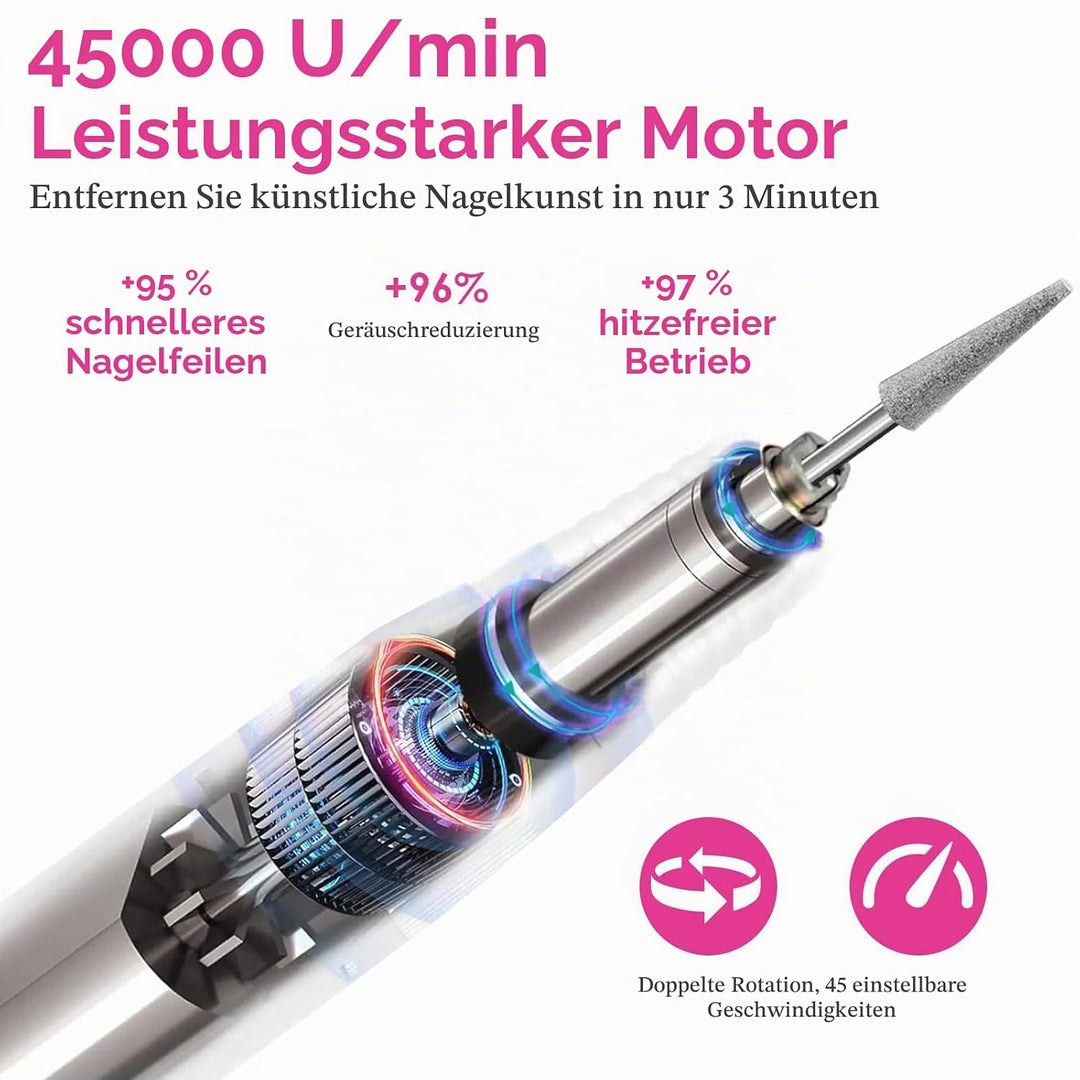 Elektrische Nagelfräser 45000 U/min，Wiederaufladbare Professionelle Elektrische Nagelfeile 4000mAh U