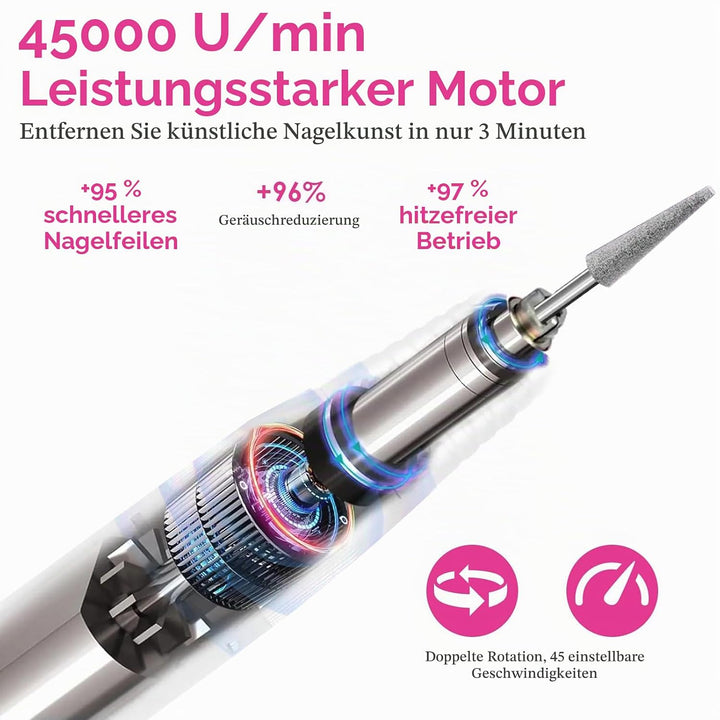 Elektrische Nagelfräser 45000 U/min，Wiederaufladbare Professionelle Elektrische Nagelfeile 4000mAh U