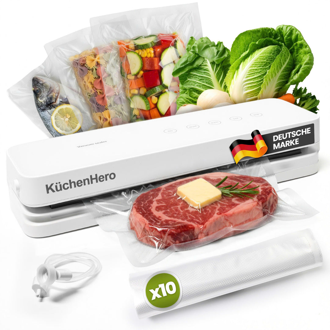 Vakuumierer mit Glasoberfläche & Touch – Premium Vakuumiergerät Weiss – Inkl. 10 Beutel & Schlauch –