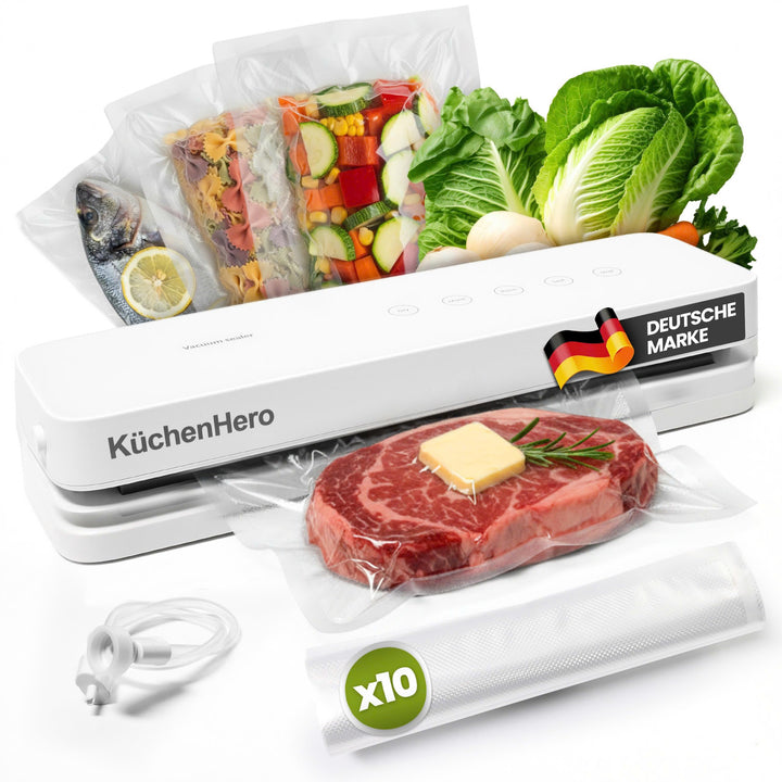 Vakuumierer mit Glasoberfläche & Touch – Premium Vakuumiergerät Weiss – Inkl. 10 Beutel & Schlauch –